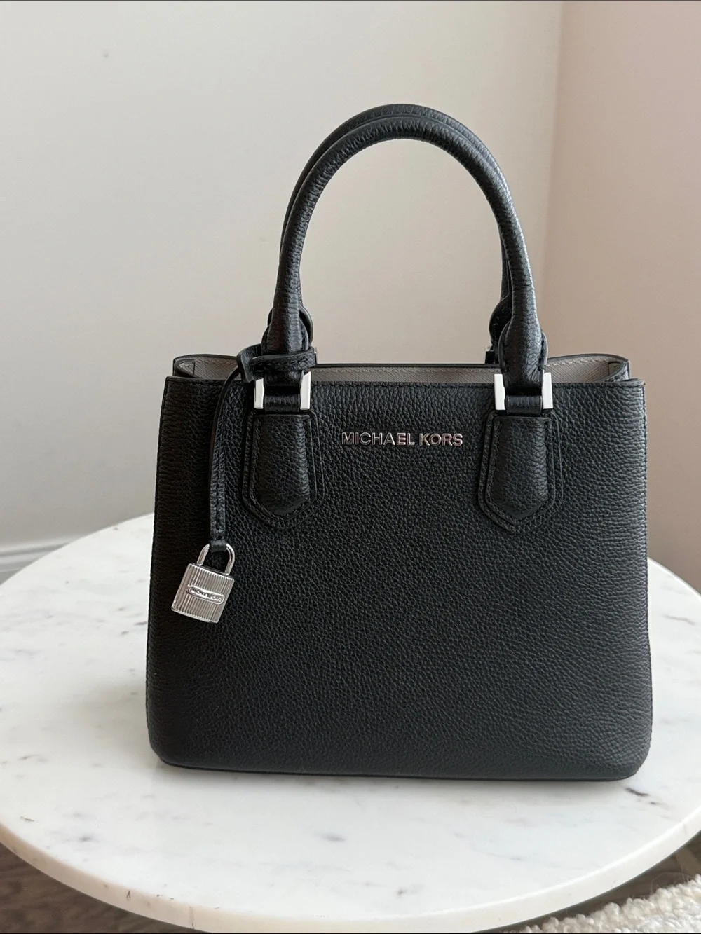 Michael Kors Adele Small Black Pebbled Leather Satchel with Lock Charm